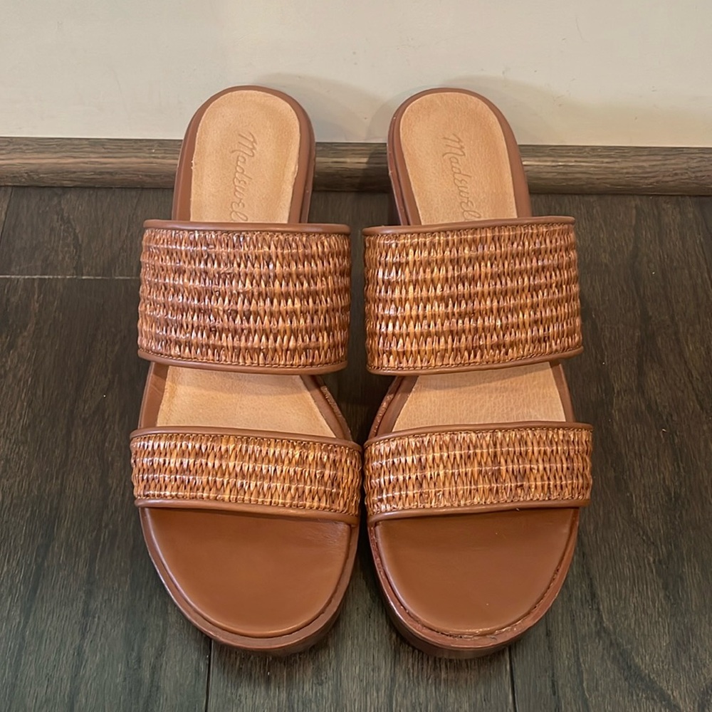 Madewell Double-Strap Straw & Leather Platform Sandal Size 9